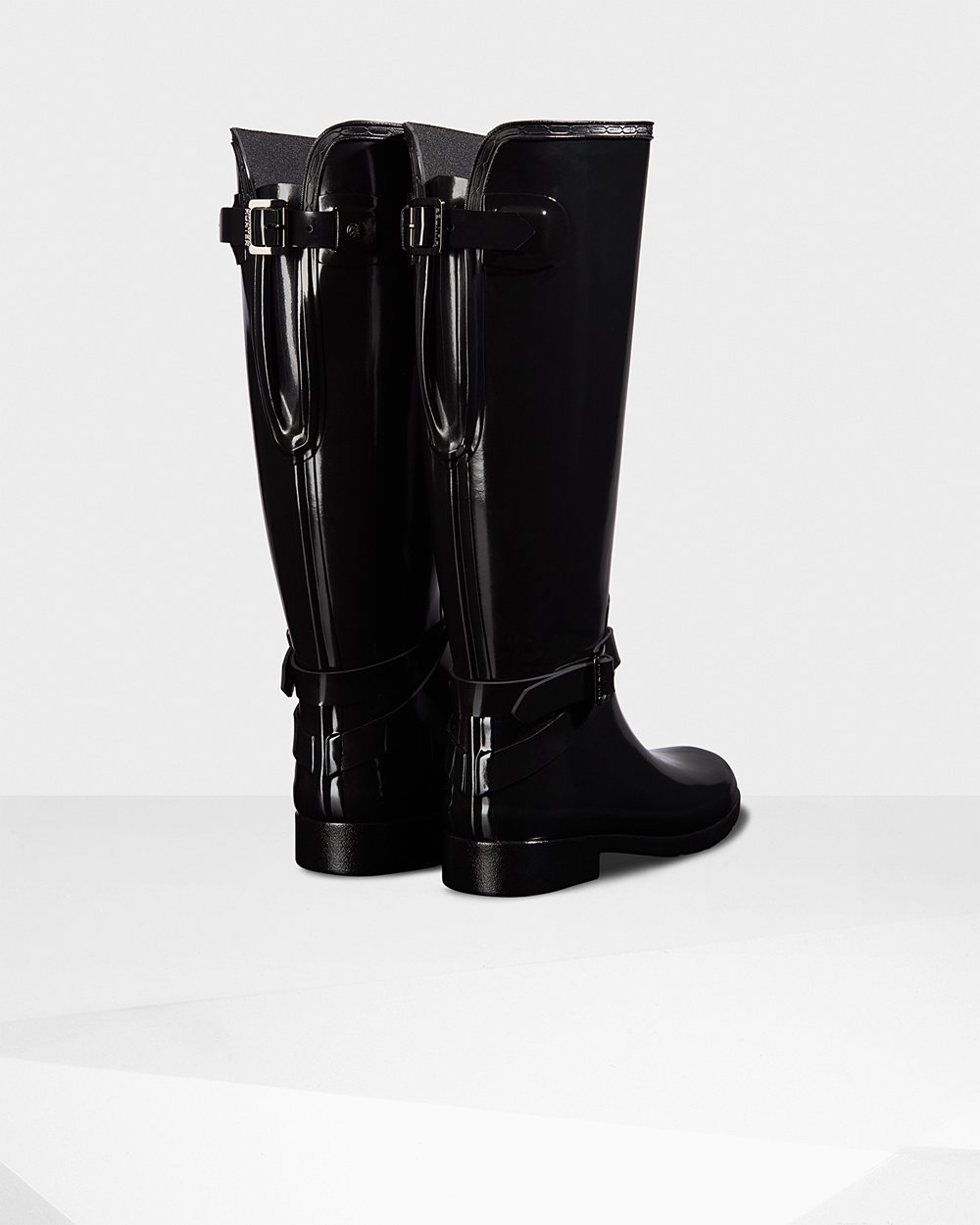 Women Hunter Refined Adjustable Gloss | Tall Rain Boots Black | NZ-76942-BPLR